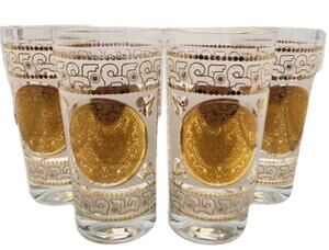 Set of 7 Hazel Atlas Aztec Calendar 22k Gold Highball Glasses Mid-Century Bar